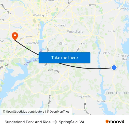 Sunderland Park And Ride to Springfield, VA map