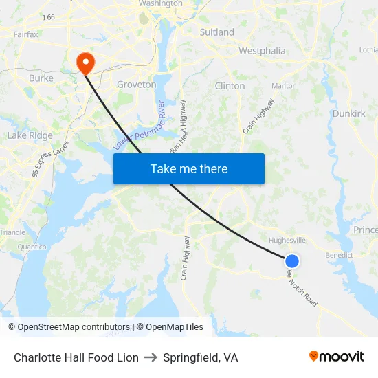 Charlotte Hall Food Lion to Springfield, VA map