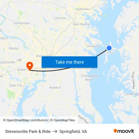 Stevensville Park & Ride to Springfield, VA map