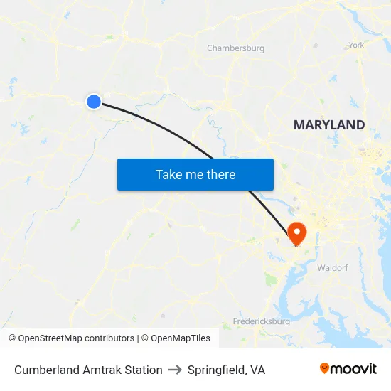 Cumberland Amtrak Station to Springfield, VA map