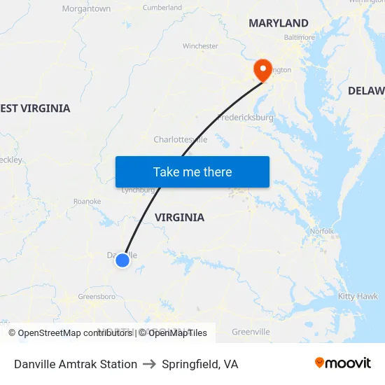 Danville Amtrak Station to Springfield, VA map