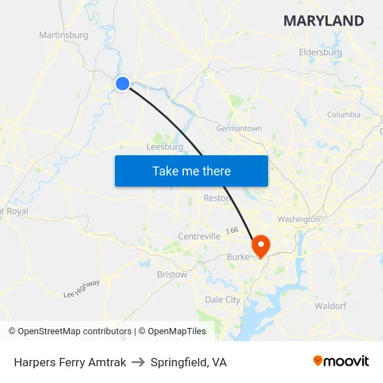 Harpers Ferry Amtrak to Springfield, VA map