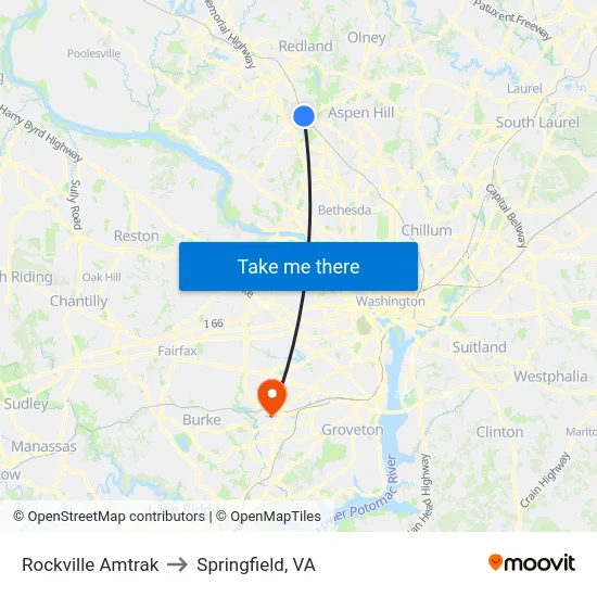 Rockville Amtrak to Springfield, VA map