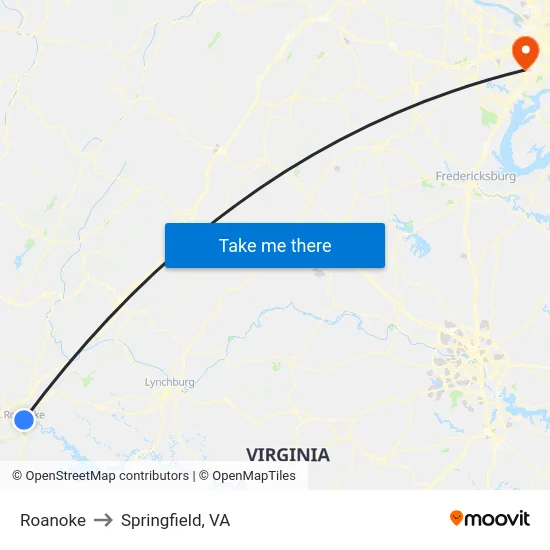 Roanoke to Springfield, VA map