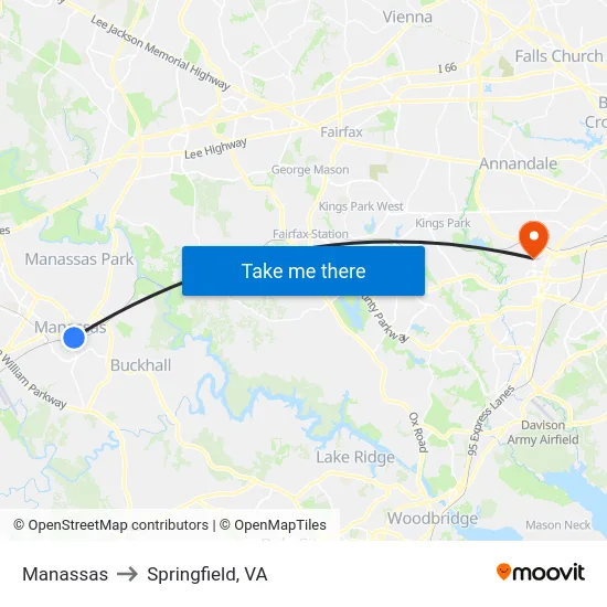 Manassas to Springfield, VA map