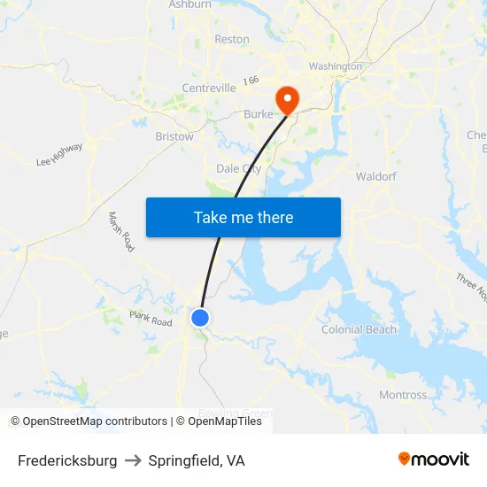 Fredericksburg to Springfield, VA map