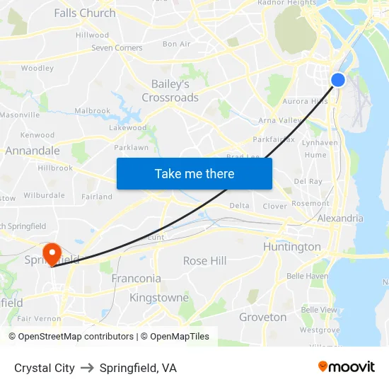 Crystal City to Springfield, VA map