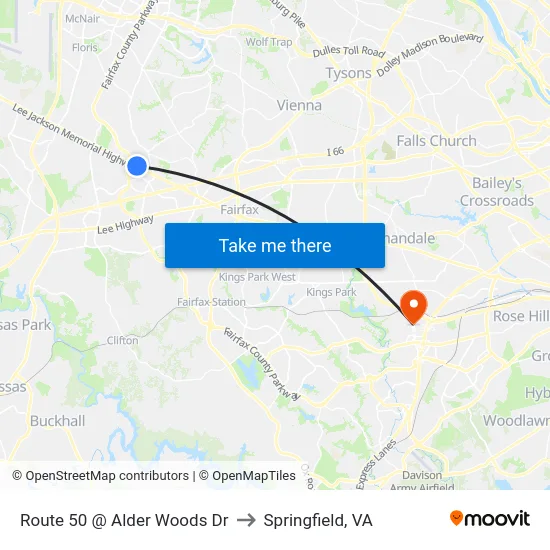 Route 50 @ Alder Woods Dr to Springfield, VA map
