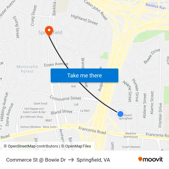 Commerce St @ Bowie Dr to Springfield, VA map