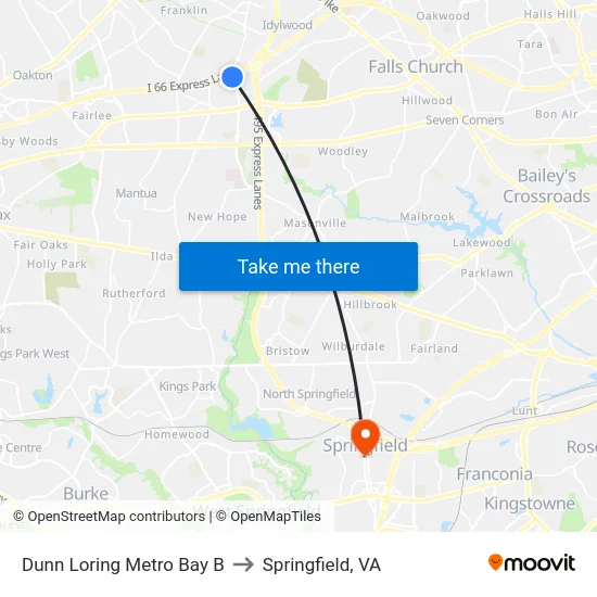 Dunn Loring Metro Bay B to Springfield, VA map