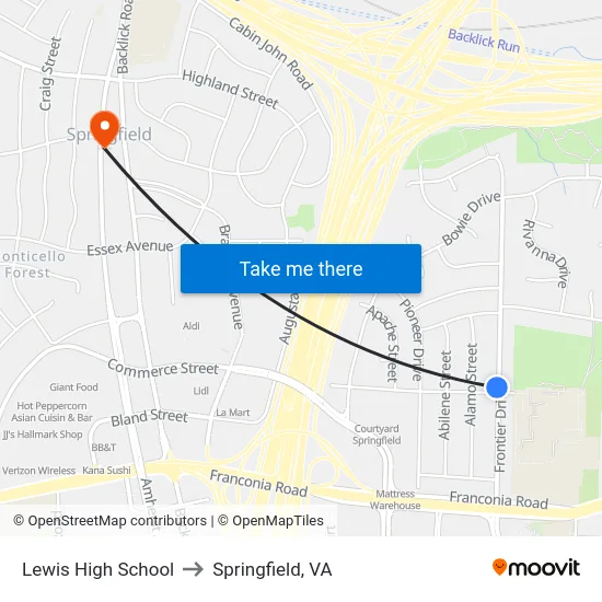 Lewis High School to Springfield, VA map