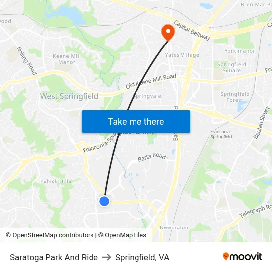 Saratoga Park And Ride to Springfield, VA map