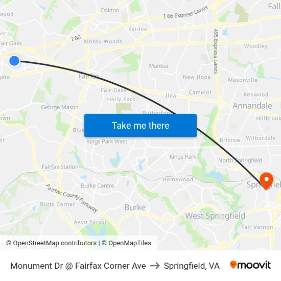 Monument Dr @ Fairfax Corner Ave to Springfield, VA map