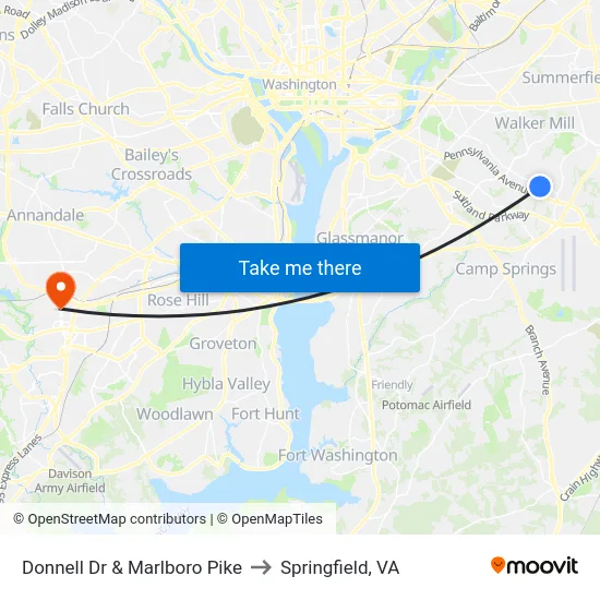 Donnell Dr & Marlboro Pike to Springfield, VA map