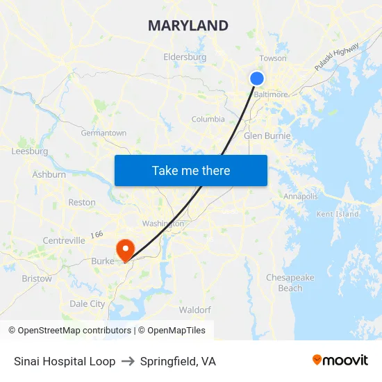 Sinai Hospital Loop to Springfield, VA map