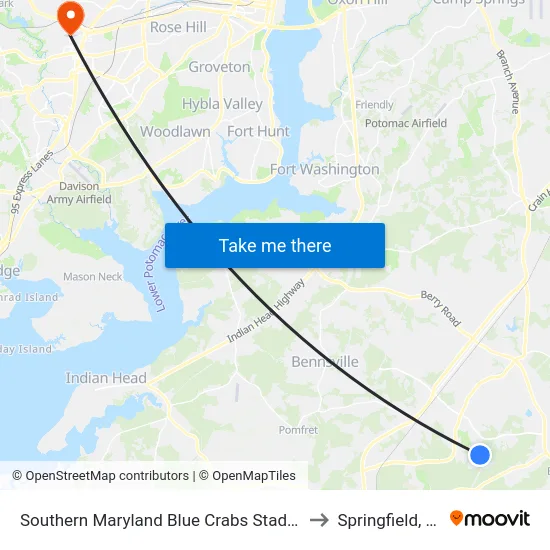 Southern Maryland Blue Crabs Stadium to Springfield, VA map