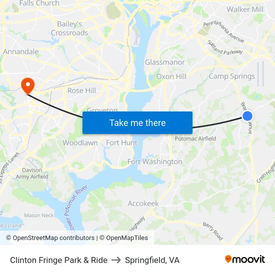 Clinton Fringe Park & Ride to Springfield, VA map