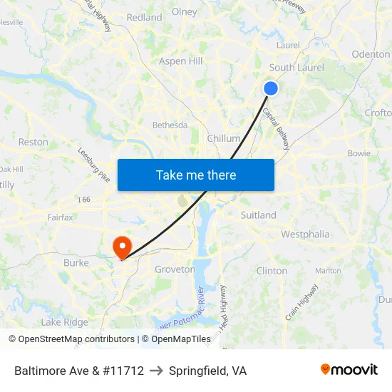 Baltimore Ave & #11712 to Springfield, VA map