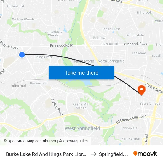 Burke Lake Rd And Kings Park Library to Springfield, VA map