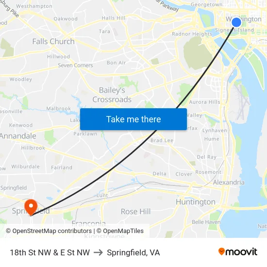 18th St NW & E St NW to Springfield, VA map
