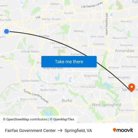 Fairfax Government Center to Springfield, VA map