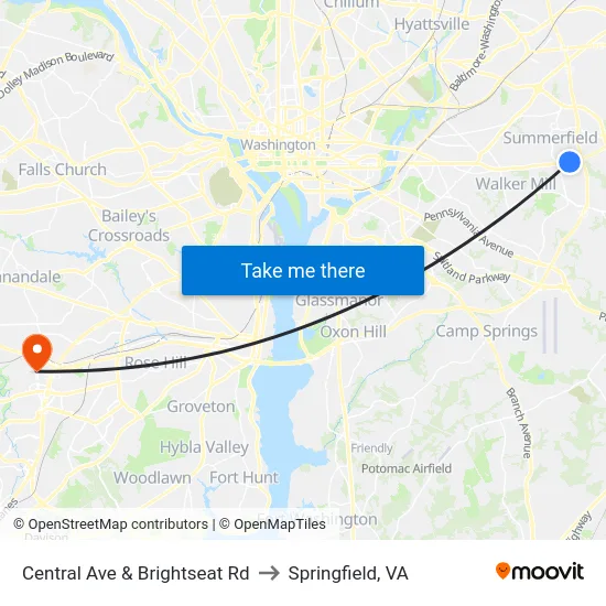 Central Ave & Brightseat Rd to Springfield, VA map