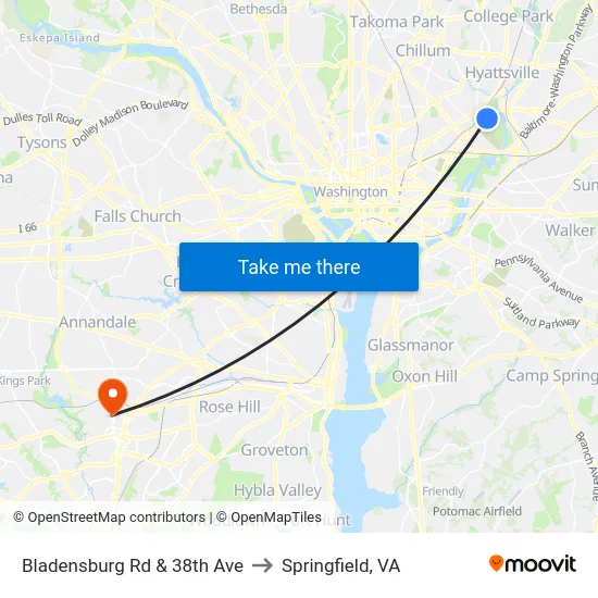 Bladensburg Rd & 38th Ave to Springfield, VA map