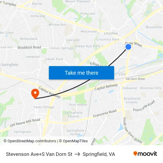 Stevenson Ave+S Van Dorn St to Springfield, VA map
