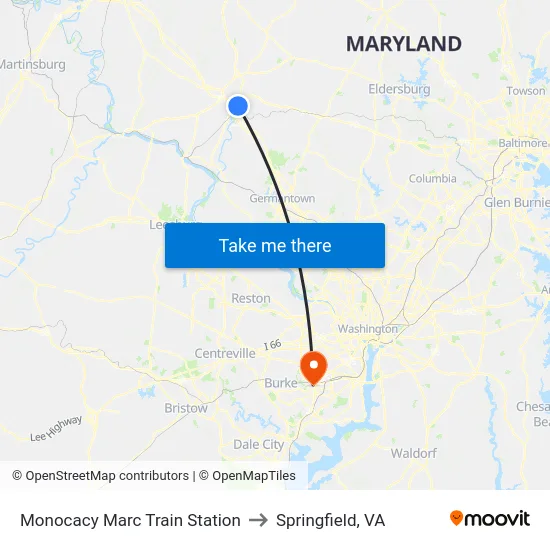 Monocacy Marc Train Station to Springfield, VA map