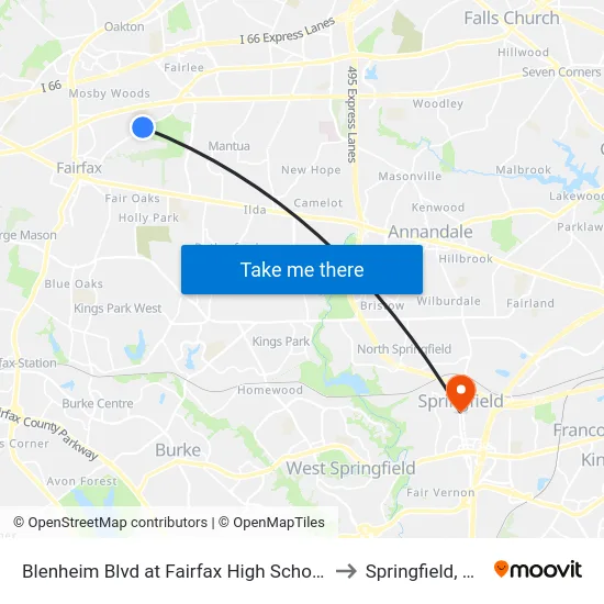 Blenheim Blvd at Fairfax High School to Springfield, VA map