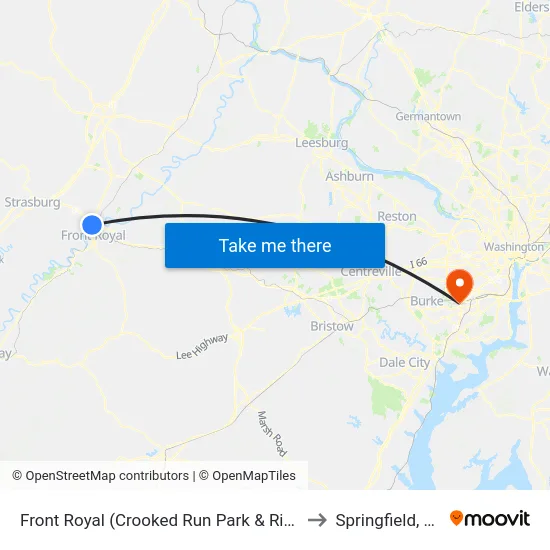 Front Royal (Crooked Run Park & Ride) to Springfield, VA map