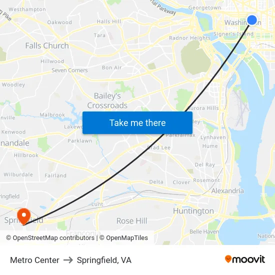 Metro Center to Springfield, VA map