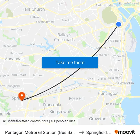 Pentagon Metrorail Station (Bus Bay L7) to Springfield, VA map
