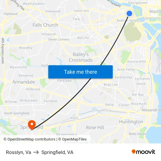 Rosslyn, Va to Springfield, VA map