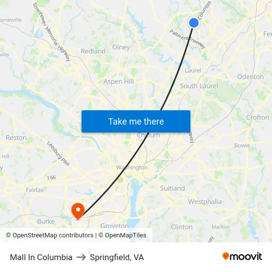 Mall In Columbia to Springfield, VA map