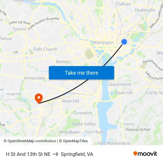 H St And 13th St NE to Springfield, VA map