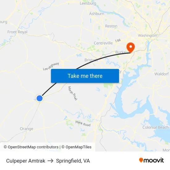 Culpeper Amtrak to Springfield, VA map