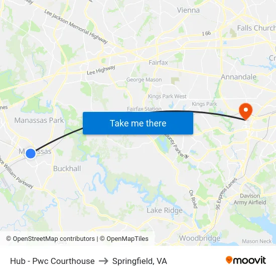 Hub - Pwc Courthouse to Springfield, VA map