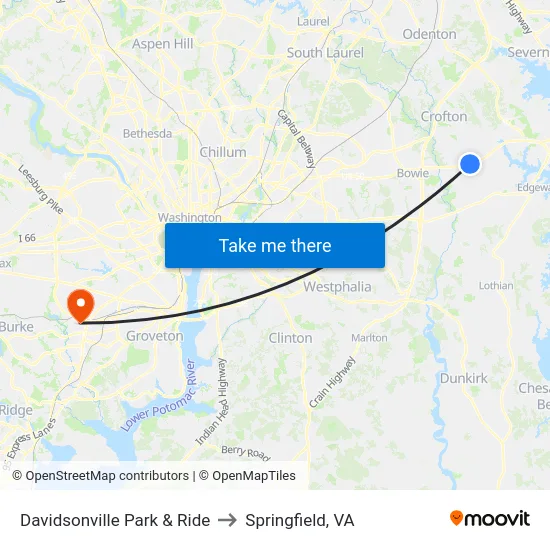 Davidsonville Park & Ride to Springfield, VA map