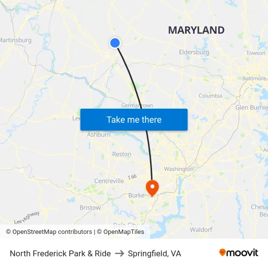 North Frederick Park & Ride to Springfield, VA map