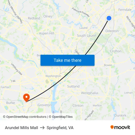 Arundel Mills Mall to Springfield, VA map