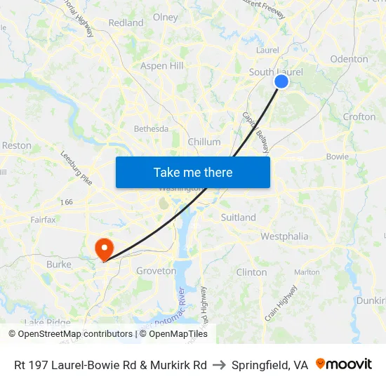 Rt 197 Laurel-Bowie Rd & Murkirk Rd to Springfield, VA map