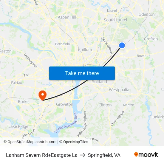 Lanham Severn Rd+Eastgate La to Springfield, VA map