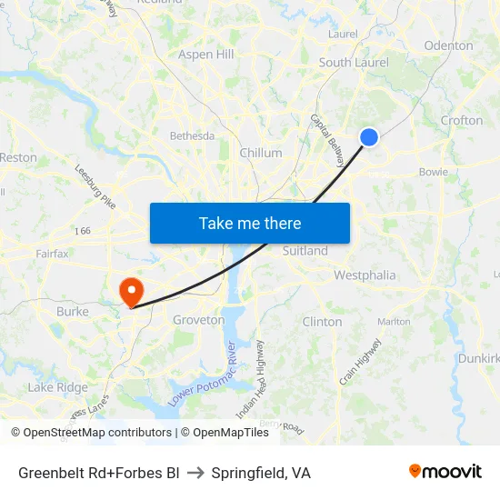 Greenbelt Rd+Forbes Bl to Springfield, VA map