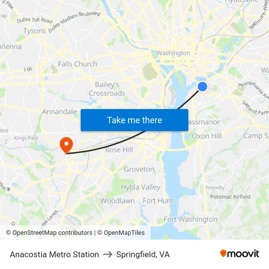 Anacostia Metro Station to Springfield, VA map