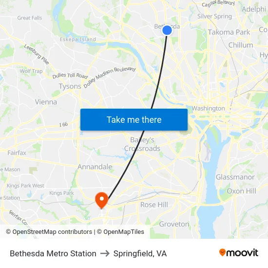 Bethesda Metro Station to Springfield, VA map
