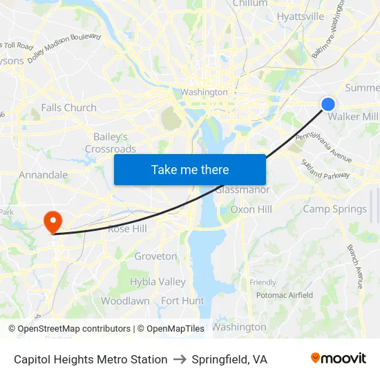 Capitol Heights Metro Station to Springfield, VA map