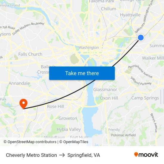 Cheverly Metro Station to Springfield, VA map