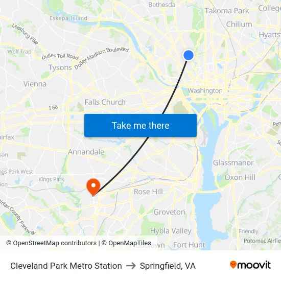 Cleveland Park Metro Station to Springfield, VA map