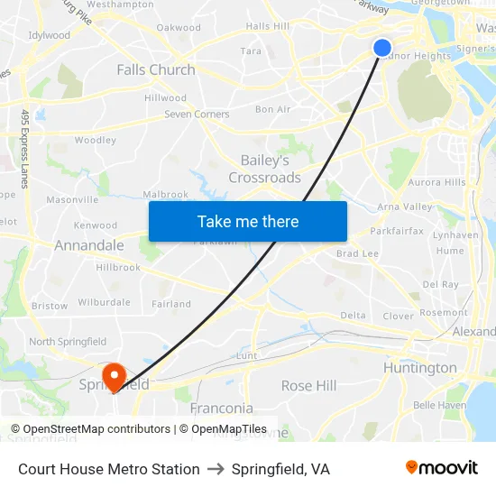 Court House Metro Station to Springfield, VA map